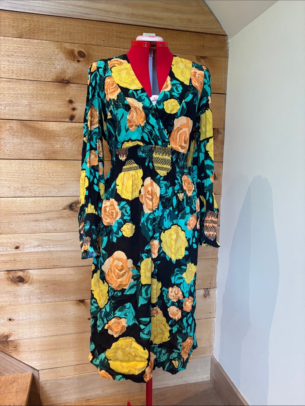Black Floral Long-Sleeve Wrap Midi Dress with Yellow & Teal Blooms